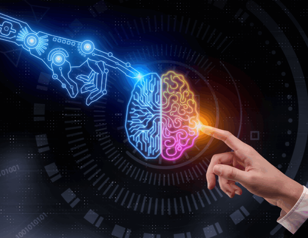 Connexion entre une main humaine et un bras robotisé symbolisant l'intégration de l'intelligence artificielle en comptabilité.